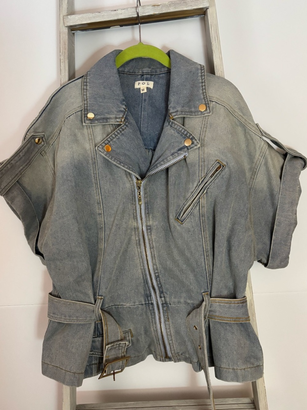 POL Short-Sleeve Washed Gray Denim Moto Jacket, cropped, oversized, modern, edgy - Picture 7 of 11